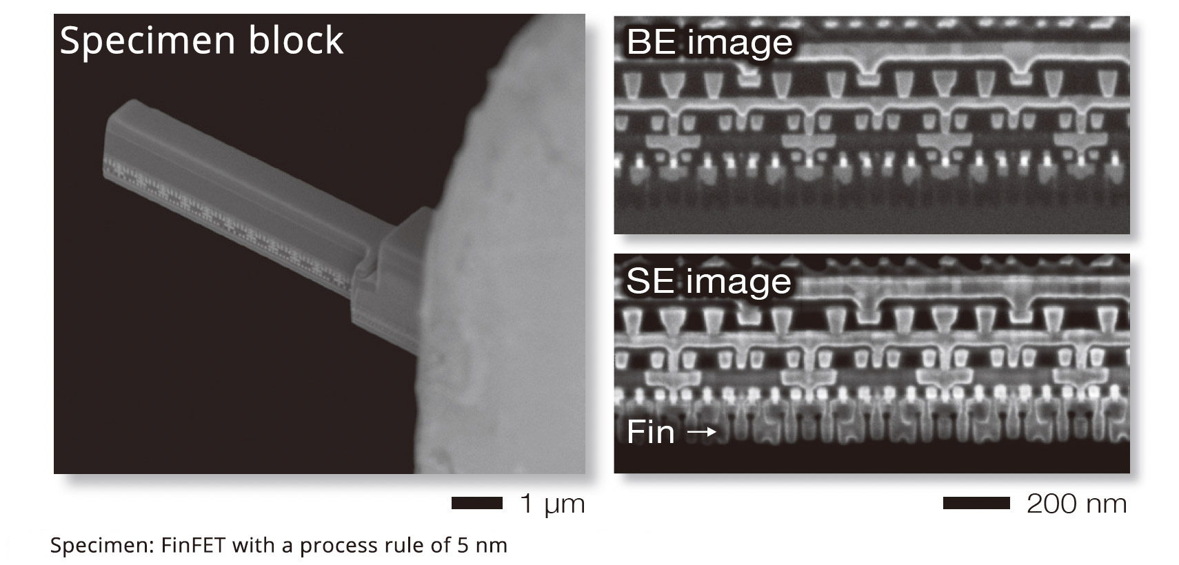 SE and BSE image of a FinFET