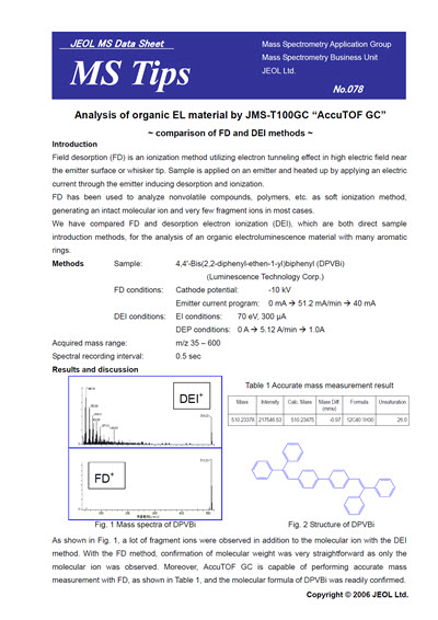 Analysis of organic EL material by JMS-T100GC  “AccuTOF™ GC”：comparison of FD and DEI methods