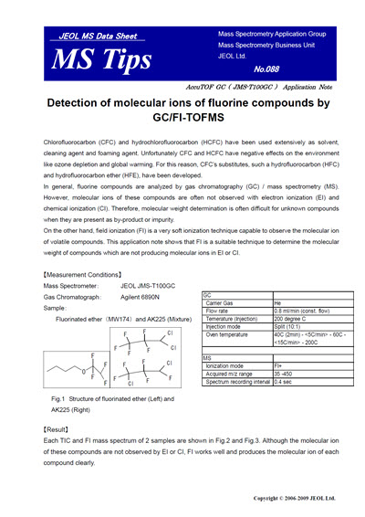 Detection of molecular ions of fluorine compounds by GC/FI-TOFMS