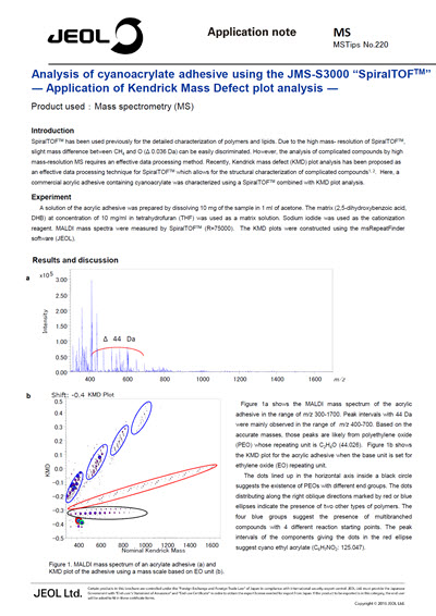 Analysis of cyanoacrylate adhesive using the JMS-S3000 “SpiralTOF™” — Application of Kendrick Mass Defect plot analysis