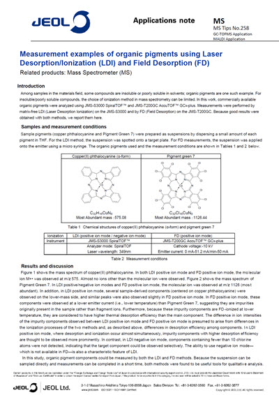 Measurement examples of organic pigments using Laser Desorption/Ionization (LDI) and Field Desorption (FD)