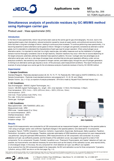 Simultaneous analysis of pesticide residues by GC-MS/MS method using Hydrogen carrier gas