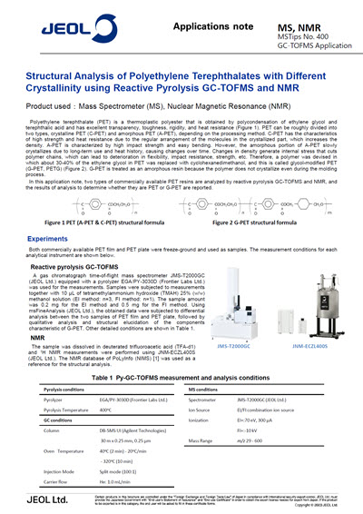Structural Analysis of Polyethylene Terephthalates with Different Crystallinity using Reactive Pyrolysis GC-TOFMS and NMR