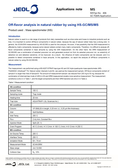 Off-flavor analysis in natural rubber by using HS-GC/MS/MS