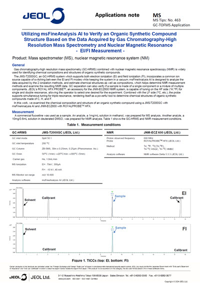 Utilizing msFineAnalysis AI to Verify an Organic Synthetic Compound Structure Based on the Data Acquired by Gas Chromatography-High Resolution Mass Spectrometry and Nuclear Magnetic Resonance- EI/FI Measurement