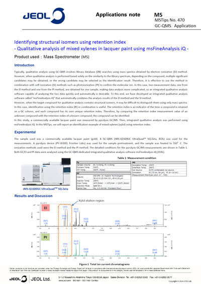 Identifying structural isomers using retention index - Qualitative analysis of mixed xylenes in lacquer paint using msFineAnalysis iQ