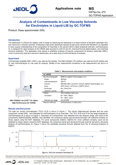 Analysis of Contaminants in Low Viscosity Solvents for Electrolytes in Liquid-LIB by GC-TOFMS