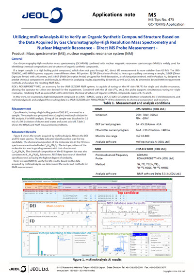 Utilizing msFineAnalysis AI to Verify an Organic Synthetic Compound Structure Based on the Data Acquired by Gas Chromatography-High Resolution Mass Spectrometry and Nuclear Magnetic Resonance - Direct MS Probe Measurement
