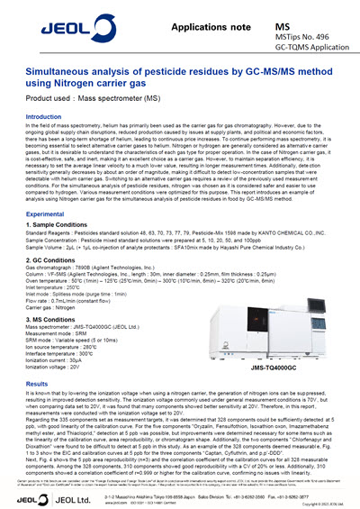 Simultaneous analysis of pesticide residues by GC-MS/MS method using Nitrogen carrier gas