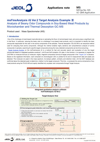msFineAnalysis iQ Ver.2 Target Analysis Example Ⅲ Analysis of Beany Odor Compounds in Soy-Based Meat Products by Microchamber and Thermal Desorption GC-MS