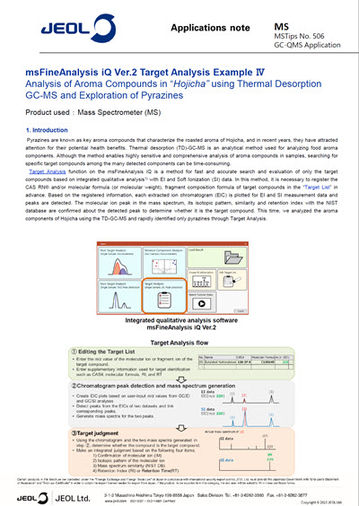 msFineAnalysis iQ Ver.2 Target Analysis Example Ⅳ Analysis of Aroma Compounds in “Hojicha” using Thermal Desorption GC-MS and Exploration of Pyrazines