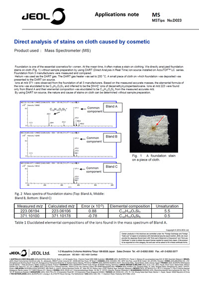Direct analysis of stains on cloth caused by cosmetic