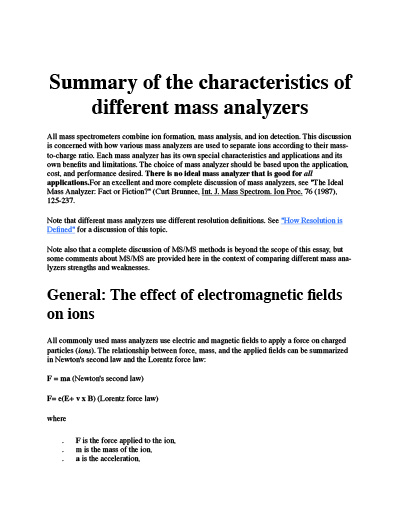 Summary of the characteristics of different mass analyzers