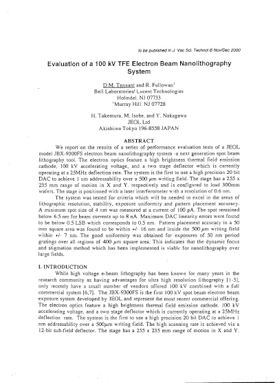 Evaluation of a 100 kV TFE Electron Beam Nanolithography System