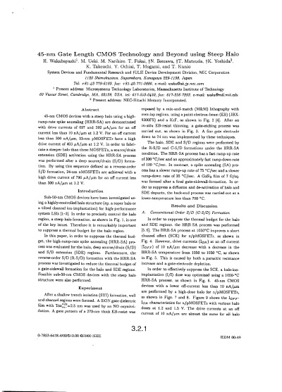 45-nm Gate Length CMOS Technology and Beyond using Steep Halo