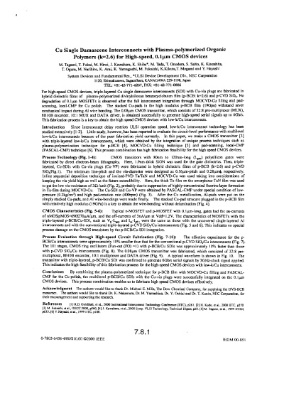 Cu Single Damascene Interconnects with Plasma-polymerized Organic Polymers (k=2.6) for High-speed, 0.1µm CMOS devices