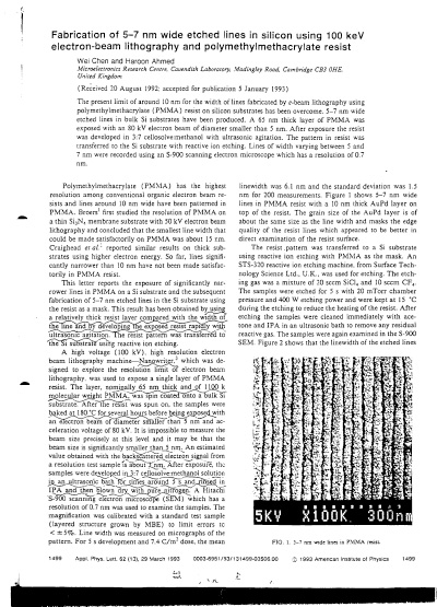 Fabrication of 5-7 nm wide etched lines in silicon using 100 keV electron-beam lithography and polymethylmethacrylate resist