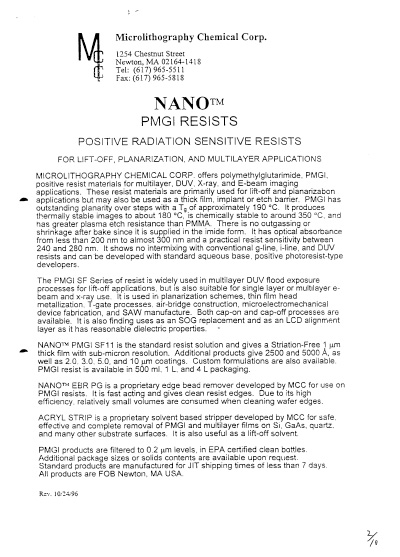 NANO PMGI Resists: Positive Radiation Sensitive Resists for Lift-off, Planarization, and Multilayer Applications