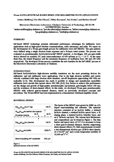 50-nm Gate-length InP-based HEMTs for Millimeter-wave Applications