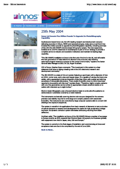 Innos Ltd Invests Five Million Pounds to Upgrade its Photolithography Capability
