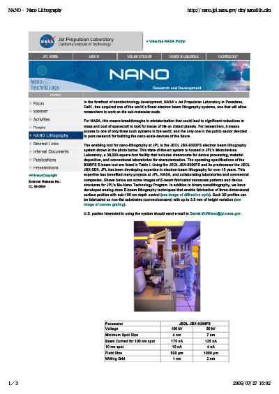 Nanolithography at the Jet Propulsion Laboratory, California Institute of Technology