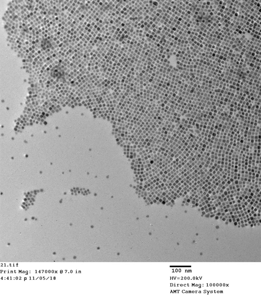 SUBJECT: Cubic PbTe nanocrystals (NCs) with neutral (100) facets. Cubes are capped with oleate ligands; CREDIT: Karunamuni Silva, Wayne State University; METHOD/INSTRUMENT: JEOL 2010 TEM