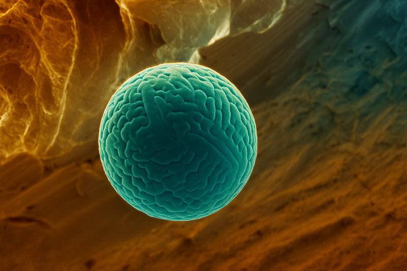 TITLE: Inclusion Planet; SUBJECT: Non-metallic inclusion observed on the fracture surface of a steel wire, exhibiting a spherical morphology with a highly textured surface; CREDIT: ALİ KOCA, ISDEMIR; METHOD/INSTRUMENT: JEOL JSM 6510