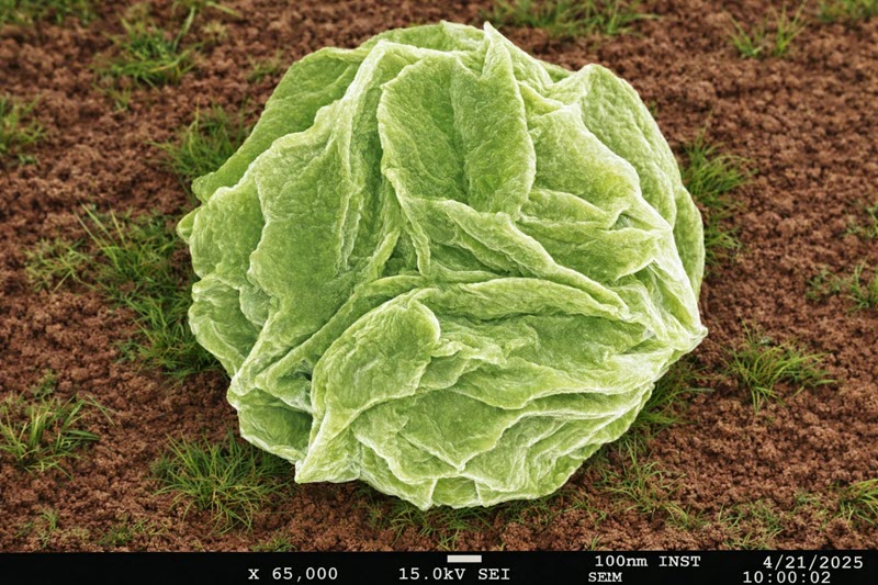TITLE: Harvesting of nano-cabbages via electron beam; SUBJECT: From Nano to Nature: Cabbage-Inspired Nanostructures in a Simulated Agrarian Landscape; CREDIT: HIMANSHU PANDA, Institute of Nano Science and Technology; METHOD/INSTRUMENT: Scanning Electron Microscopy (SEM) (JSM-7610FPlus)