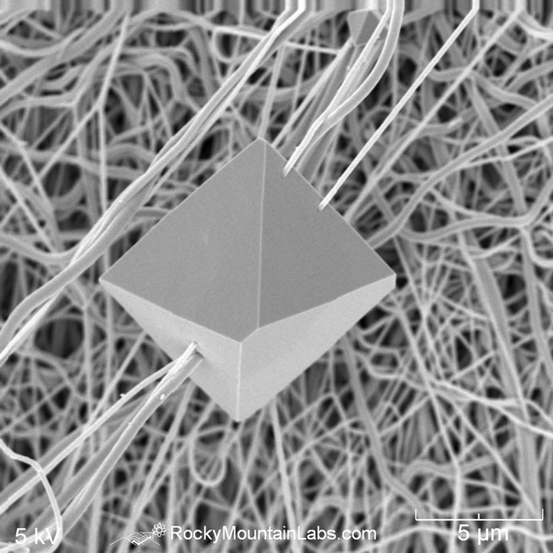 Subject: Indium Tin Oxide - crystallized nano-fibers; Credit:  Colin Davis, Rocky Mountain Laboratories; Method/Instrument: Fibers on stub. JEOL JSM-6320F SEM