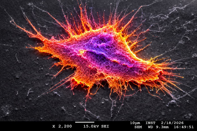 TITLE: Neuroblast; SUBJECT: This FESEM image shows the surface morphology of a neuron at ×2,200 magnification using secondary electron imaging; CREDIT: Neha Kumari, INST; METHOD/INSTRUMENT: JSM-7610F Plus