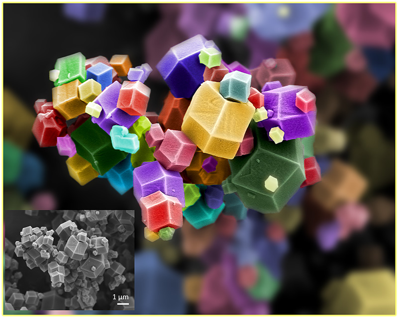 TITLE: ZIF-Rubik's Dodecahedrons; SUBJECT: Cobalt based zeolitic-imidazolate metal-organic frameworks; CREDIT: Kartik Nemani, IUPUI-Purdue school of Engineering; METHOD/INSTRUMENT: WD 10 mm, 15000X, 5kV in LED mode - JSM-7800F Field Emission SEM
