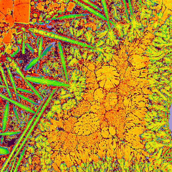 TITLE: Crystallized; SUBJECT: Quench crystals in a high pressure experiment; CREDIT: Anette von der Handt, University of Minnesota; METHOD/INSTRUMENT: JEOL JXA-8900R