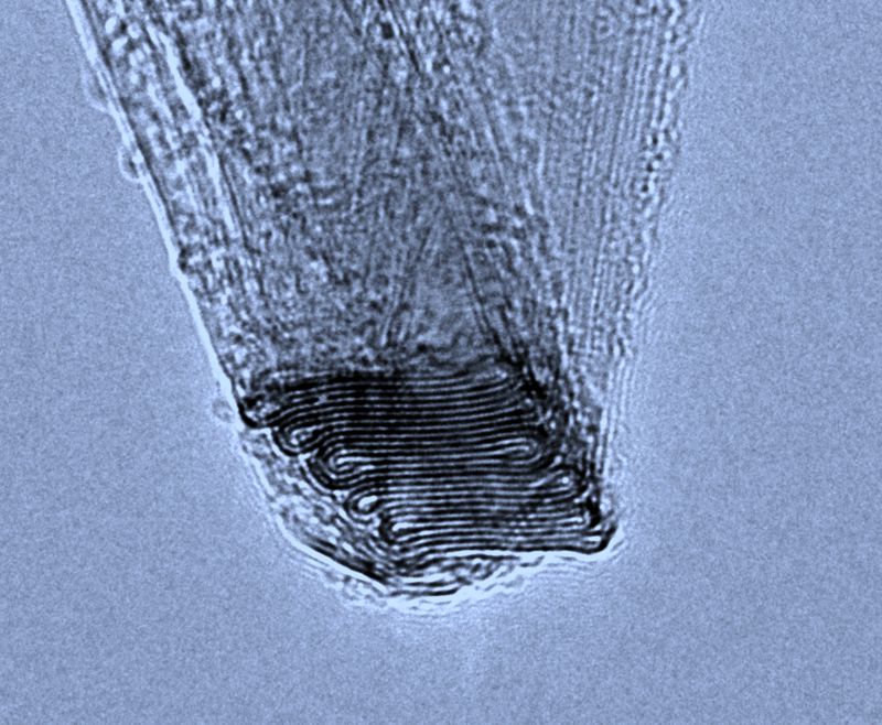 SUBJECT: Collapsed carbon nanotubes aligning into a crystal packing preferred stacking state; CREDIT: Rebekah Downes, High-Performance Materials Institute, Florida State University, National High Magnetic Field Laboratory; METHOD/INSTRUMENT: Tensile failure specimen peeled and viewed on TEM grid at 80kV with JEM-ARM200cF