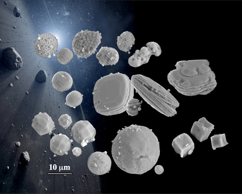 SUBJECT: Magnetite mineral grains with diverse morphologies that were isolated from the Orgueil meteorite. The SEM images are superimposed onto an artist rendering of the early solar system.; CREDIT: Tyrone Daulton, Washington University in St. Louis; METHOD/INSTRUMENT: JEOL 7001 FLV SEM