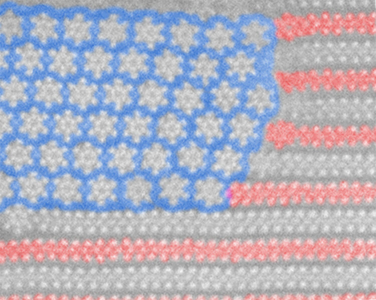 TITLE: Nano US Flag; SUBJECT: Atomic scale Mo6Te6 nanowires transformed from its parent MoTe2 2D layers. Each Mo6Te6 nanowire, 0.8 nanometers in diameter, consists of six molybdenum (Mo) atoms surrounded by six tellurium (Te) atoms.; CREDIT: Prof. Moon Kim, Qingxiao Wang, and Aaron Klick, UT Dallas; METHOD/INSTRUMENT: ARM200F
