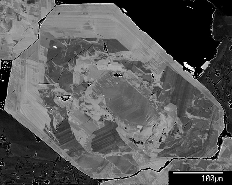 SUBJECT: Oscillatory zoning in tourmaline crystal. Sample collected from Mt. St. Helens, WA; CREDIT: Alexander Iveson, Washington State University; METHOD/INSTRUMENT: BSE / JXA-8500F EPMA