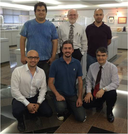 Top row (from right to Left) : Dr. Daniel Godoy, Dr. Peter Mc. Swiggen (JEOL Instructor), Carlos A. T. Dias (PhD Student), Bottom row (right to Left): Dr. Breno Leite (JEOL), Dr. George L. Luvizotto (UNESP - EPMA lab Director) and Eng. Ricardo  Sanabria (JEOL).